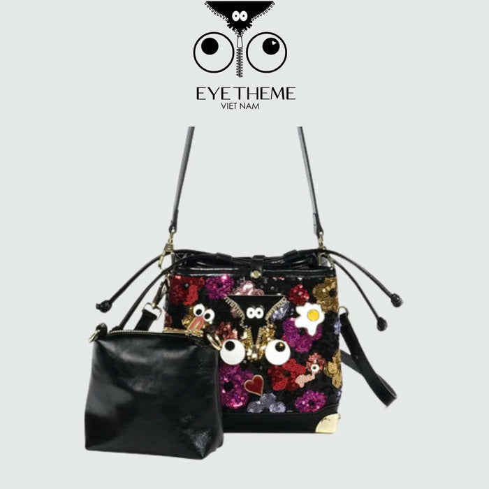 【 EYETHEME 】Silver Sequin Drawstring Crossbody Bucket Bag 2608 - Mini Bucket Bag
