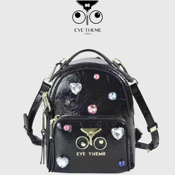 【 EYETHEME 】Size S Backpack with Cute Icon Patterns, High Quality Leather, Black 2437 - Small EYE Backpack