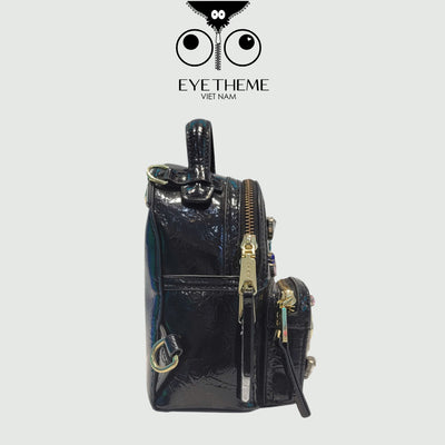 【 EYETHEME 】Size S Backpack with Cute Icon Patterns, High Quality Leather, Black 2437 - Small EYE Backpack