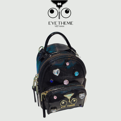 【 EYETHEME 】Size S Backpack with Cute Icon Patterns, High Quality Leather, Black 2437 - Small EYE Backpack