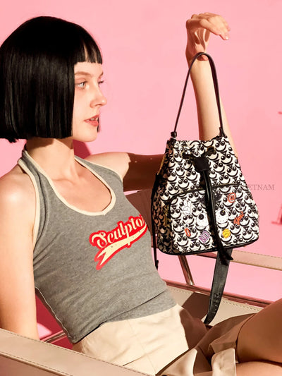 【 EYETHEME 】Limited-Edition Drawstring Bucket Bag with Cute Eye Pattern 2488 - EYE Canvas Bucket Handbag