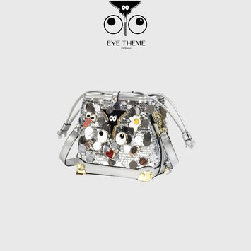 【 EYETHEME 】Silver Sequin Drawstring Crossbody Bucket Bag 2608 - Mini Bucket Bag