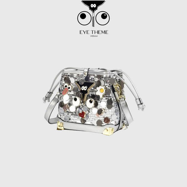 【 EYETHEME 】Silver Sequin Drawstring Crossbody Bucket Bag 2608 - Mini Bucket Bag